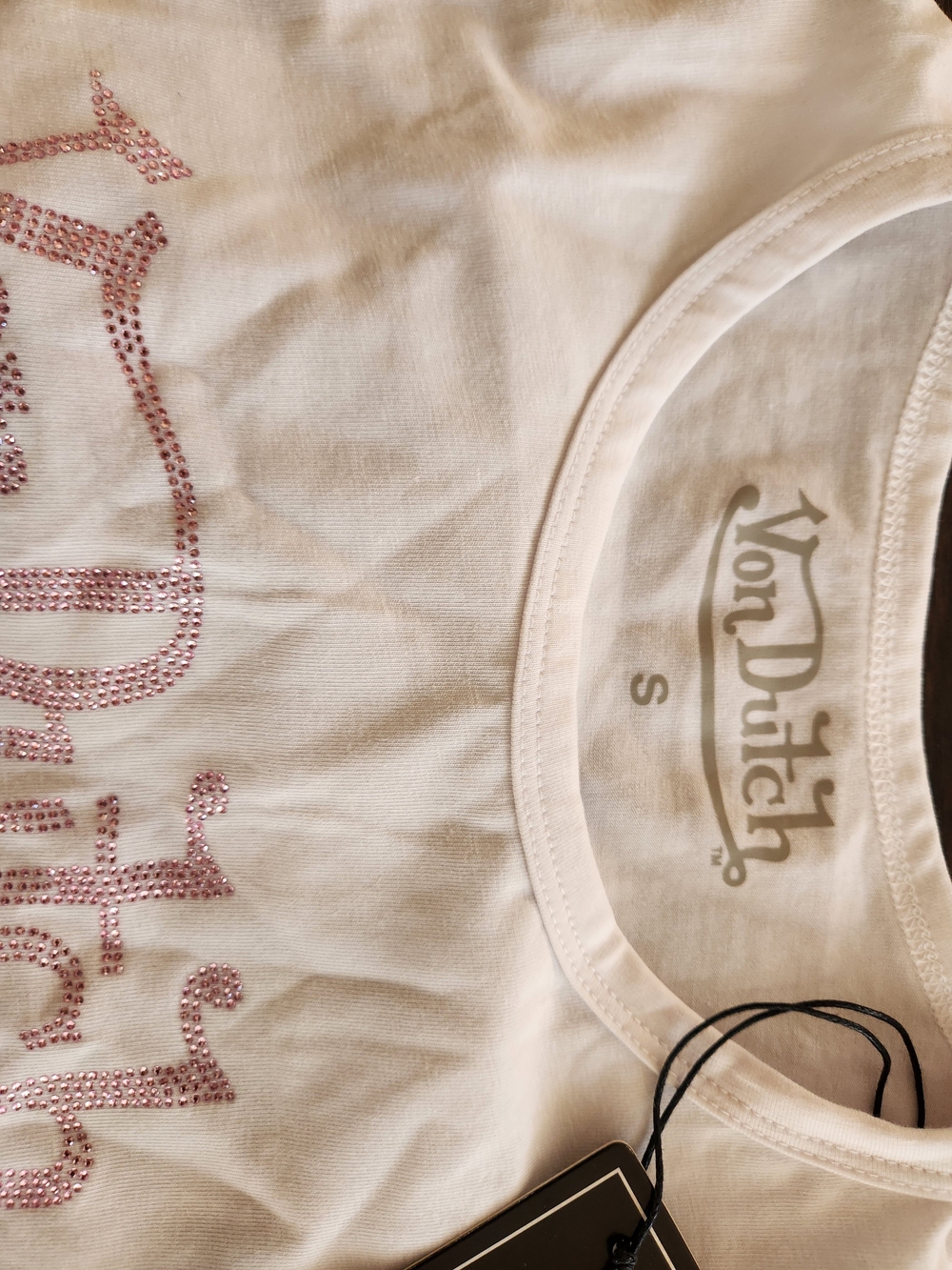 Von Dutch White Tee with Pink Rhinestone Classic Baby Tee - Picture 4 of 4